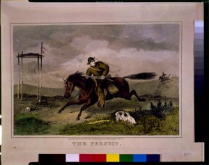 Man from the Pony Express, on horseback, fleeing from Indians, on Indian burial grounds." (LOC - LC-USZC4-2458; Bufford's Print Publishing House, Boston ca. 1860s)