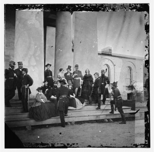 Heintzelman and staff at Arlington house; Mathew B. Brady, the photographer is shown in a top hat