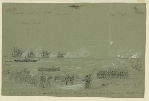 Capture of the Forts at Cape Hatteras inlet-First day, fleet opening fire and troops landing in the surf