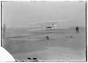 First flight, 120 feet in 12 seconds, 10:35 a.m.; Kitty Hawk, North Carolina (1903 Dec. 17; LOC - LC-DIG-ppprs-00626)