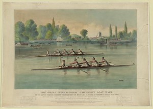 The great international university boat race On the river Thames (England) from Putney to Mortlake 4 miles 2 furlongs August 27th 1869 : Between the picked crews of the Harvard (American) and Oxford (English) universities. (LOC - LC-DIG-pga-00763)