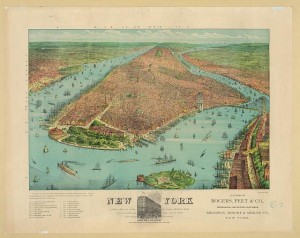 New York: a birdseye view from the harbor, showing Manhattan Island in its surroundings, with various points of interest in the city and the location of Rogers, Peet & Co.'s building, the exact center of the clothing trade in New York City (1879; LOC - LC-DIG-pga-00841)