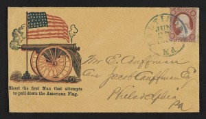 Civil War envelope showing American flag and cannon with message "Shoot the first man that attempts to pull down the American flag" (between 1861 and 1865; LOC - LC-DIG-ppmsca-31705 )