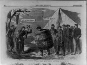 Camp punishments--too fond of whisky (sic)--scene in the Army of the Mississippi (Harper's 6-28-1862; LOC - LC-USZ62-96119)