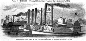 Colonel Ellet's Ram Fleet on the Misissippi (Line engraving after a sketch by Alexander Simplot, published in "Harper's Weekly", 1862.)