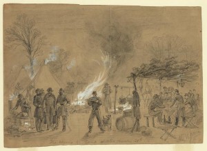 Thanksgiving in camp sketched Thursday 28th 1861 (1861 [November] 28 by Alfred R. Waud; LOC: LC-DIG-ppmsca-21210)