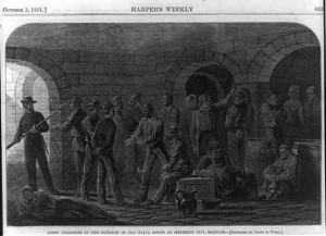Rebel prisoners in the dungeon of the State House at Jefferson City, Missouri (Harper's Weekly, 5 October 1861; LOC: LC-USZ62-61714)