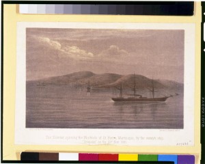 The Sumter running the blockade of St. Pierre, Martinique, by the enemy's ship, "Iroquois," on the 23d. Nov. 1861(from Semmes' 1869 book; LOC: LC-USZC4-4176)