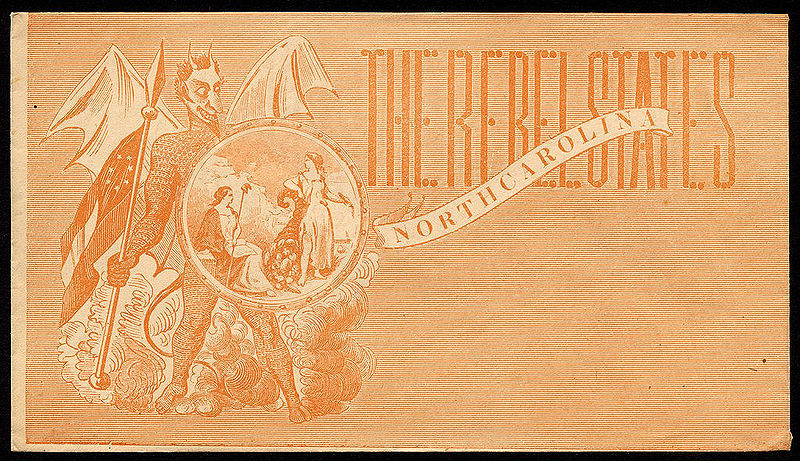 Pictorial envelope produced during the American Civil War showing the Devil holding the North Carolina state seal and a Confederate flag. (LOC)