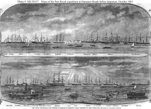 "The Great Expedition -- The Vessels at Anchor at Hampton Roads Previous to the Departure." (from "Harper's Weekly"; U.S. Naval Historical Center Photograph.)