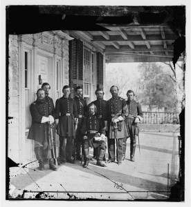 Beaufort, S.C. Gen. Isaac I. Stevens (seated) and staff on porch of a house (1862 March; LOC: LC-DIG-cwpb-00755)