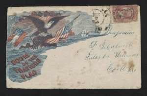 Civil War envelope showing eagle with American flag as 7-star Confederate flag is hit by lightning with message "Doom of the traitors flag" (between 1861 and 1865; LOC: LC-DIG-ppmsca-31727) 