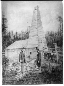 The first oil well (Reproduction, copyrighted in 1890, of a retouched photograph showing Edwin L. Drake, to the right, and the Drake Well in the background, in Titusville, Pennsylvania, where the first commercial well was drilled in 1859 to find oil; LOC: LC-USZ62-11724)