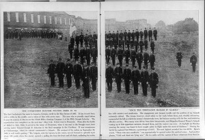 The Clinch Rifles (Co. A, 5th Georgia Infantry) in ranks outside the armory at Macon, Ga.; with the first Confederate flag. May 1861 (1861; LOC: LC-USZ62-50858)