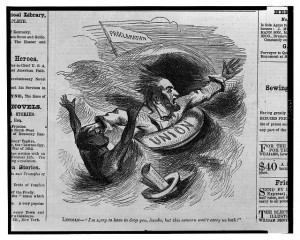 Lincoln- "I'm sorry to have to drop you, Sambo, but this concern won't carry us both!" (Frank Leslie's illustrated newspaper, 1861 Oct. 12; LOC: LC-USZ62-133077)