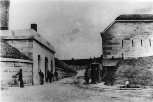 The guardhouse (left) and sentry box (on right) at the entrance to Fort Warren about 1861. 