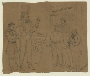 Cartoon showing Uncle Sam and General McClellan standing before a playbill which reads: Every day this week onward to Richmond by a select company of star generals (Alfred R. Waud between 1861 and 1862 Winter; LOC: LC-DIG-ppmsca-20874)