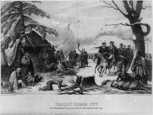 Valley Forge, 1777. Gen. Washington and Lafayette visiting the suffering part of the army (Wash(ington) City : P. Haas, 1843; LOC: LC-USZ62-819)