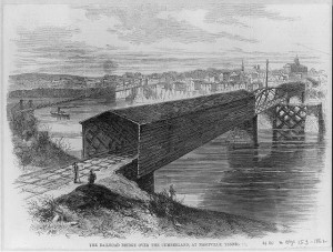 Tenn. - Nashville - "the railroad bridge over the Cumberland..." (Illus. in: Harper's Weekly, 1862; LOC: LC-USZ62-46163