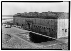 Historic American Buildings Survey, Thomas T. Waterman, Photographer July, 1940 VIEW OF ENTRANCE AND MOAT. - Fort Macon, Bogue Point on Fort Macon Road, Beaufort, Carteret County, NC (LOC: HABS NC,16-BEAUF.V,1--1)