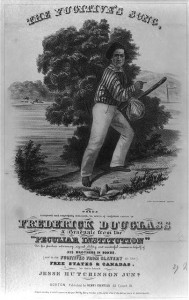 The fugitive's song (A sheet music cover illustrated with a portrait of prominent black abolitionist Frederick Douglass as a runaway slave.1845; LOC: LC-USZ62-7823)