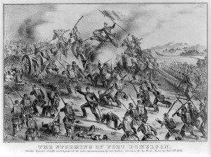 The storming of Fort Donelson: terrific bayonet charge and capture of the outer intrenchments, by the gallant soldiers of the west--saturday Feby. 15th. 1862 (Published by Currier & Ives, c1862; LOC: LC-USZ62-16919)