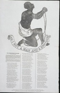 Am I not a man and a brother? (appears on the 1837 broadside publication of John Greenleaf Whittier's antislavery poem, "Our Countrymen in Chains."; LOC: LC-USZC4-5321)