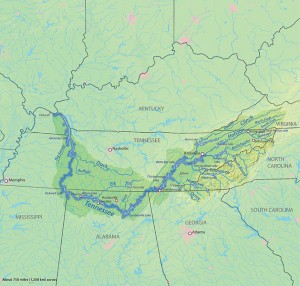 Map showing the Tennessee River with tributaries lakes and cities (30 December 2011)