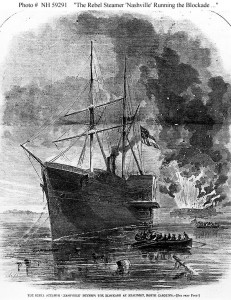 The Rebel Steamer 'Nashville' Running the Blockade at Beaufort, North Carolina. (Harper's Weekly 4-5-1862; U.S. Naval Historical Center Photograph.) 