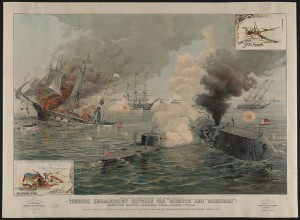 The first encounter of Iron-Clads. Terrific engagement between the "Monitor" and "Merrimac" ... March 9th 1862 (The McCormick Harvesting Machine Co., c1891 Mar. 2.; LOC: LC-DIG-pga-00446)