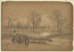 Genl. McClellan and Staff accompanied by the 5th Cavalry crossing Bull Run at Blackburns Ford (Alfred R. Waud 1862 March 11; LOC: LC-DIG-ppmsca-22445)