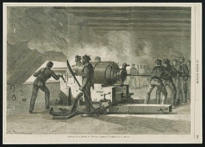 Intérieur de la batterie du Merrimac, pendant le combat avec le Monitor (Interior of the Merrimac showing Confederate sailors loading cannon, during combat with the Monitor. between 1862 and 1865; LOC: LC-DIG-ppmsca-31278)
