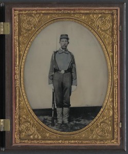 Captain Samuel H. Overton of A Company, 44th Virginia Infantry Regiment and A Company, 20th Battalion Virginia Heavy Artillery Regiment in uniform and kepi with bayoneted musket (between 1861 and 1862; LOC: LC-DIG-ppmsca-32457)