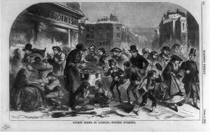 Street scene in London--winter evening by Thomas Nast (Harper's weekly, 1859 April 2, p. 212; LOC: LC-USZ62-99301)