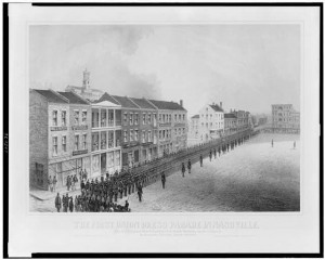 The First Union dress parade in Nashville. The 51st Regiment Ohio volunteers, Col. Stanly Mathews on dress parade in Nashville, Tuesday, March 4th 1862 (Middleton, Strobridge & Co. Lith., 1862.; LOC: LC-USZ62-105076)