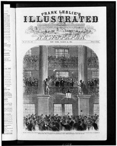 The Hon. Jefferson Davis, president-elect of the new southern confederacy, addressing the citizens of Montgomery, Ala., from the balcony of the Exchange Hotel, on the night of February 16th, 1861, and previous to his inauguration (Frank Leslie's illustrated newspaper, 1861 March 16, p. 257; LOC: LC-USZ62-109704)