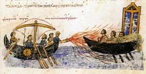 Greekfire used in 9th century (12th century work in Codex Skylitzes Matritensis, Bibliteca Nacional de Madrid, Vitr. 26-2, Bild-Nr. 77, f 34 v. b. (taken from Pászthory, p. 31))