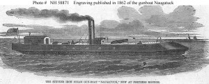 USS Naugatuck (1862) (Line engraving published in "Harper's Weekly", circa spring 1862, when the gunboat was operating in the Hampton Roads area, Virginia.  U.S. Naval Historical Center Photograph.)