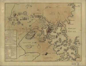 A slightly inaccurate hand-colored map depicting the 1775 Battles of Lexington and Concord and the Siege of Boston (7-29-1775; http://hdl.loc.gov/loc.gmd/g3764b.ar090000)