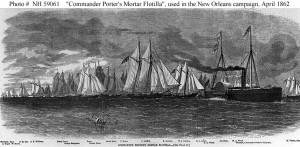 Line engraving published in "Harper's Weekly", 1862, depicting the mortar schooner flotilla commanded by David Dixon Porter during the April 1862 attack on the forts below New Orleans.