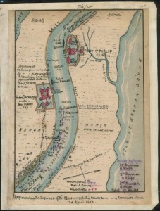 Map showing the defenses of the Mississippi below New Orleans and Farragut's attack 24 April 1862.  by Robert Knox Sneden