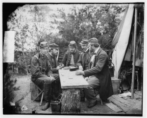 Yorktown, Va., vicinity. Duc de Chartres, Comte de Paris, Prince de Joinville, and friends playing dominoes at a mess table, Camp Winfield Scott (1862 May; LOC: LC-DIG-cwpb-00995)