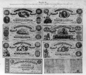 Eight Confederate bills ranging in value from five to one hundred dollars (c.1875; LOC: LC-USZ62-98122)