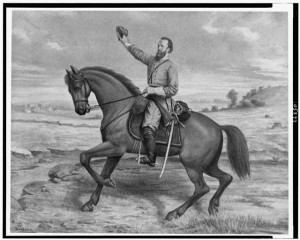 Thomas Jonathan Jackson, full-length portrait, on horseback, facing left, holding up hat in his right hand (c1913; LOC: LC-USZC4-4990)