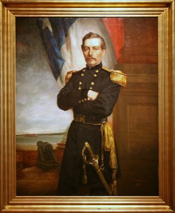 Pierre Gustave Toutant Beauregard, Oil on canvas by George Peter Alexander Healy 1861 painting) Portrait of General Beauregard in uniform, his arms folded across his chest, standing at Fort Moultrie in front of the flag of the Confederate States. In the background is the cannon from which the first shot was fired at the "Star of the West."