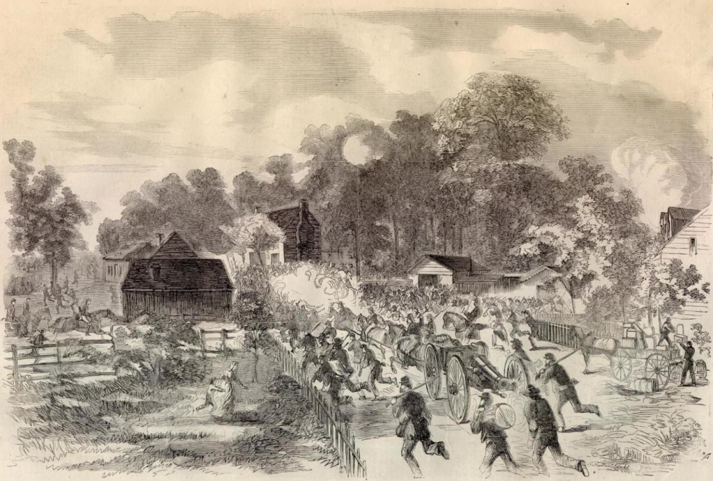 THE ARMY OF THE POTOMAC-THE REBELS EVACUATING MECHANICSVILLE UNDER THE FIRE OF UNION BATTERIES.-SKETCHED BY MR. A. R. WAUD (Harper's Weekly 6 - 21- 1962