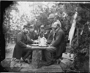Yorktown, Virginia (vicinity). Comte de Paris, Duc de Chartres, Prince de Joinville and friends at lunch. Camp Winfield Scott (1862 May 3; LOC: LC-DIG-cwpb-00118)