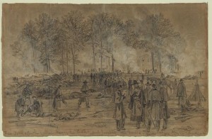 Fair Oaks after the battle, burying the dead--and burning the horses. Tuesday 3rd June (by Alfred R. Waud, 1862 June 3, published in the July 19, 1862 issue of Harper's Weekly; LOC: LC-DIG-ppmsca-21381)