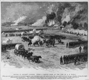 Battle of Savage's Station (From a sketch made at the time by A.R. Waud, 1862. (LOC: LC-USZ62-8288)