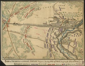 Plan of the Battle of Savage's Station Virginia. Sunday, June 29th 1862. Fought by the 2nd and 6th Corps. by Robert Knox Sneden (gvhs01 vhs00090 http://hdl.loc.gov/loc.ndlpcoop/gvhs01.vhs00090)